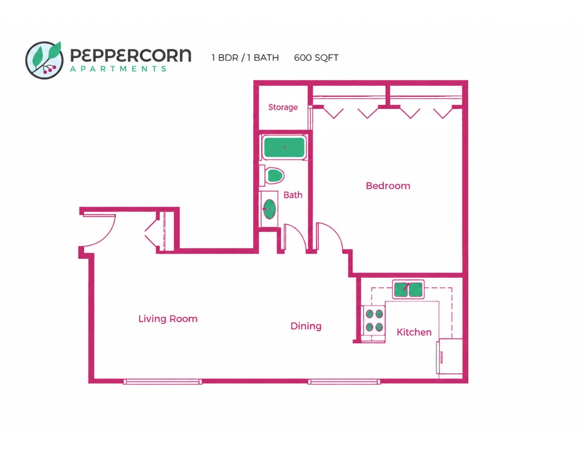 Floor plan for 1 bed, 1 bath, 600 sqft